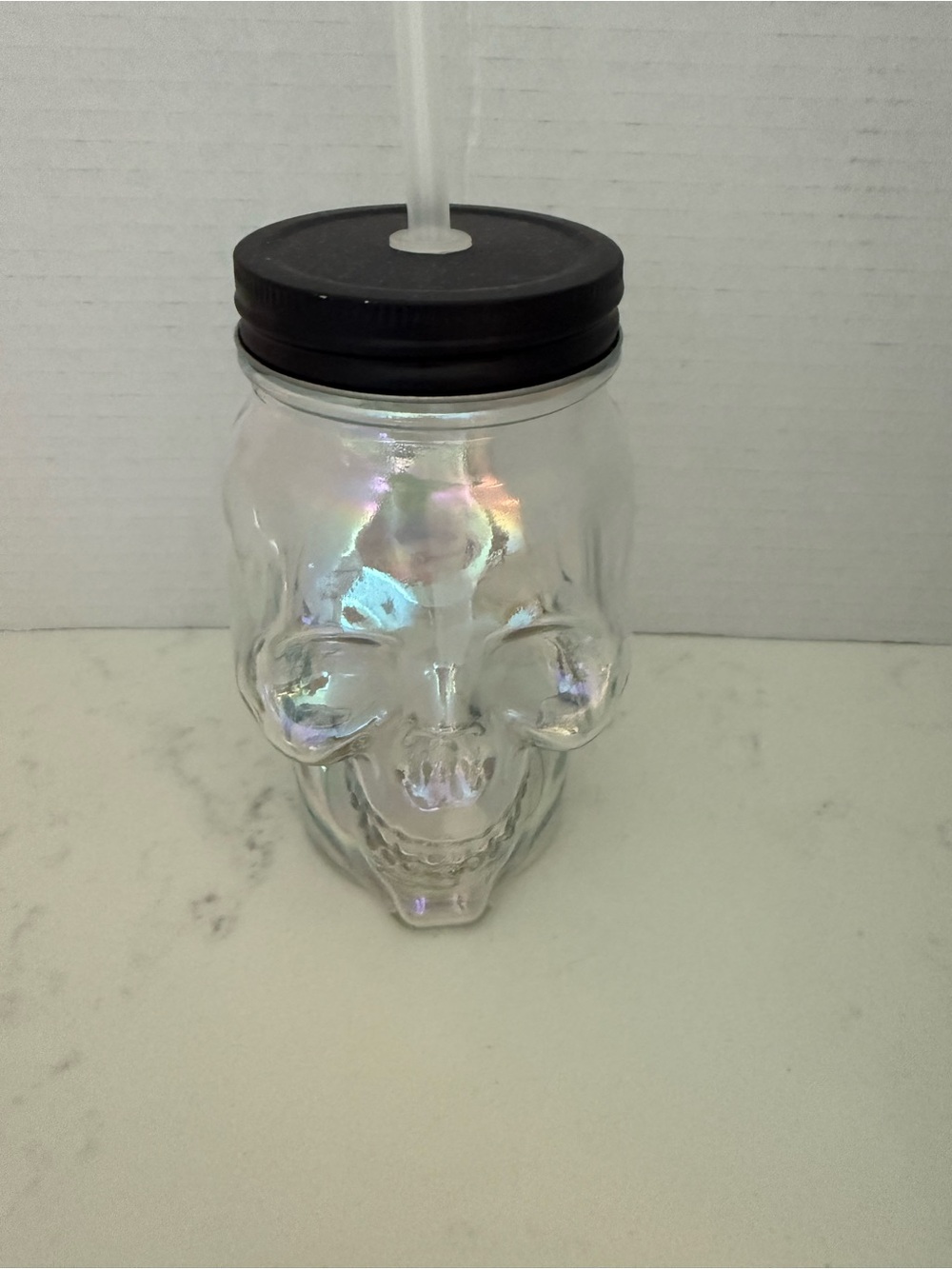 Iridescent Skull Glass Tumbler with Black Lid and Straw